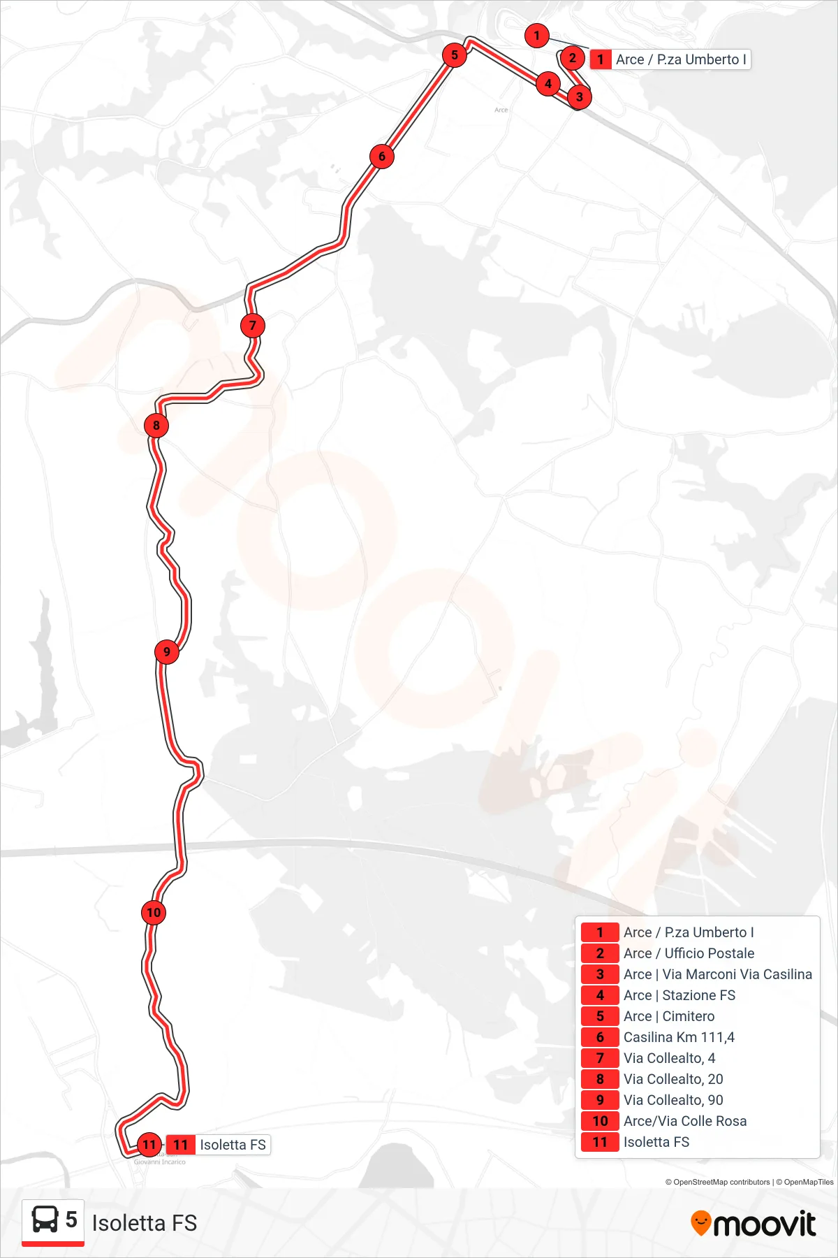Linea 5 bus (Isoletta FS) - Percorsi e fermate sulla mappa