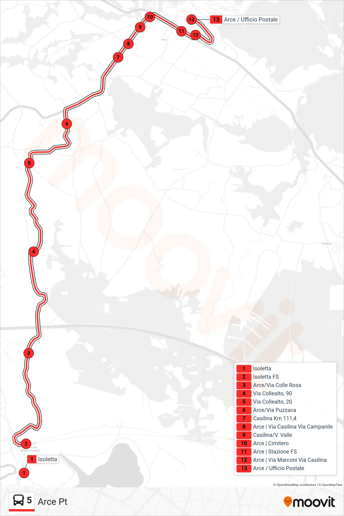 Linea 5 bus (Arce Pt) - Percorsi e fermate sulla mappa