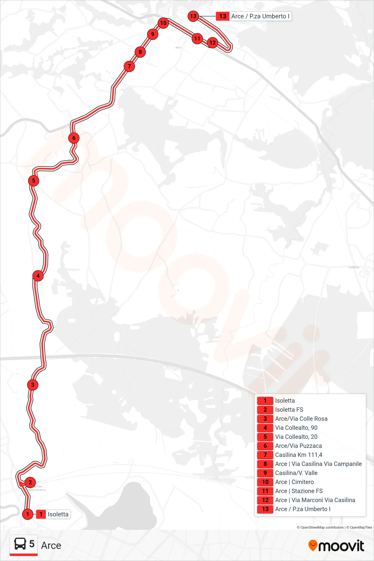 5 bus Line (Arce) route and stops on a map