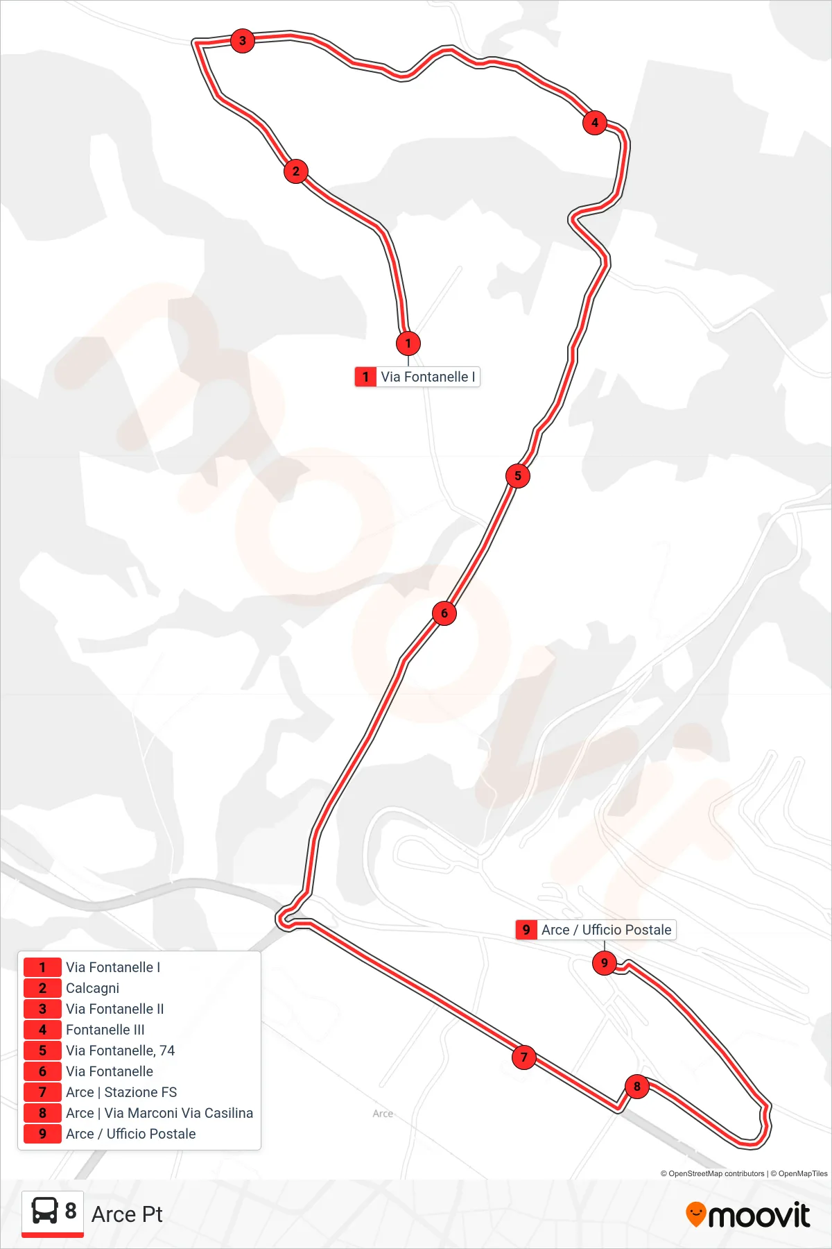 8 bus Line (Arce Station) route and stops on a map