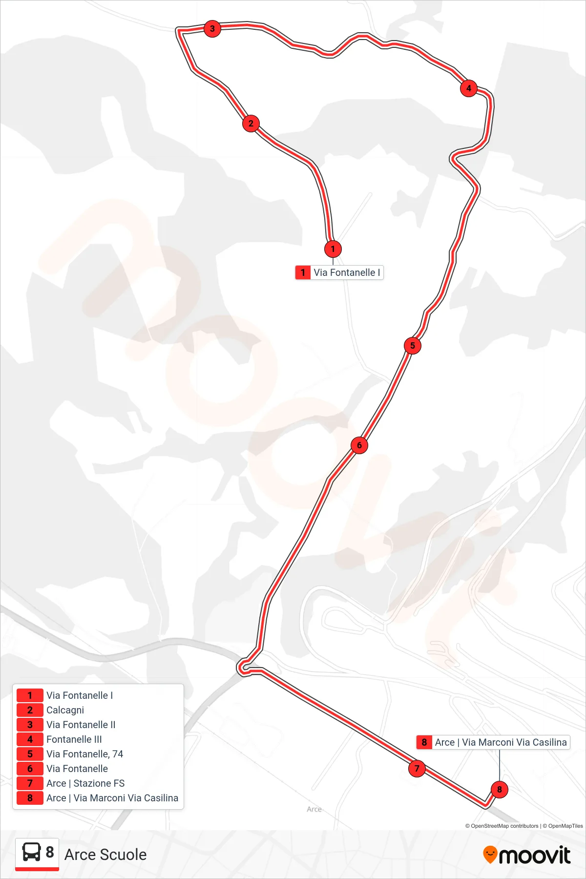 Linea 8 bus (Arce Scuole) - Percorsi e fermate sulla mappa