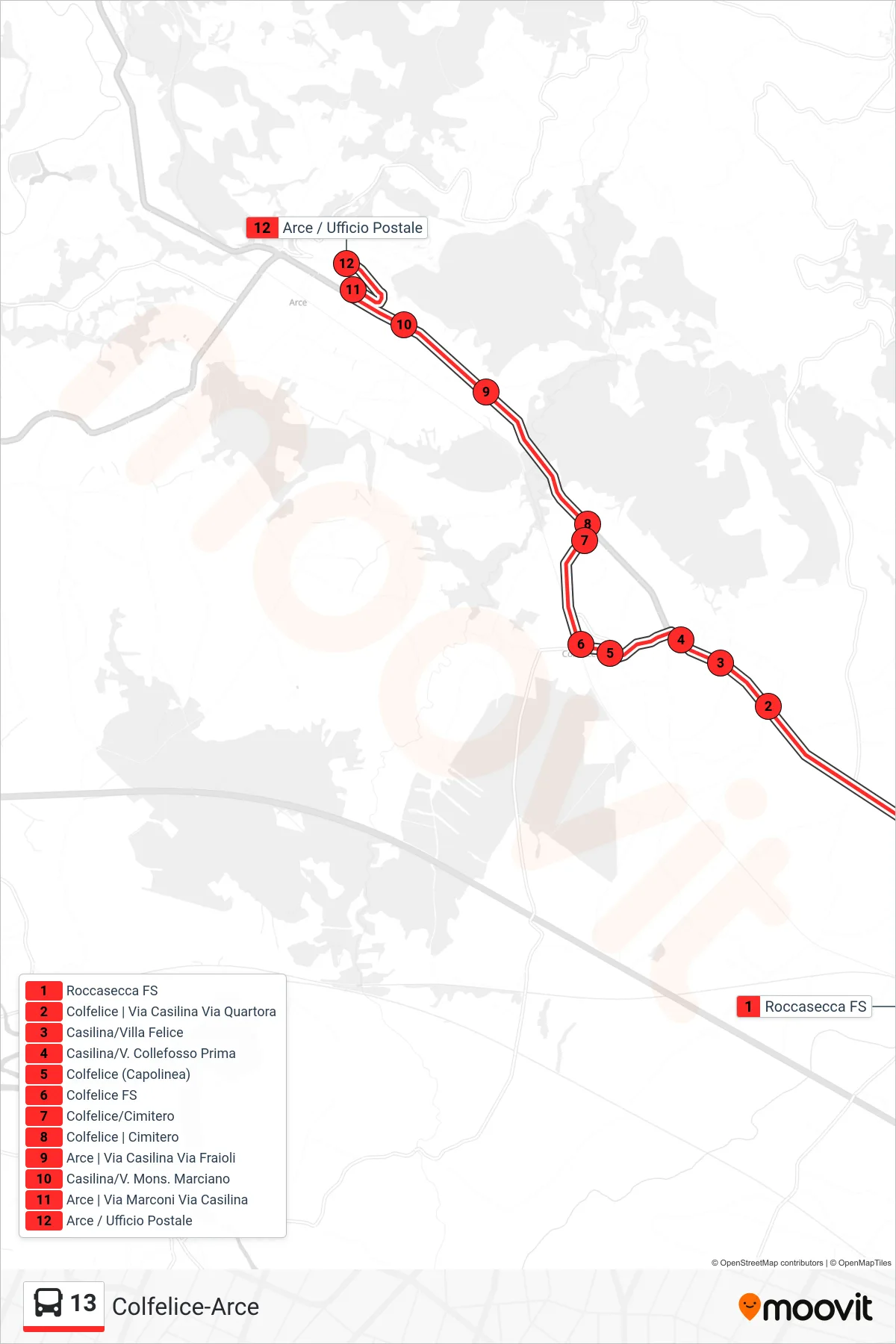 Linea 13 bus (Colfelice-Arce) - Percorsi e fermate sulla mappa