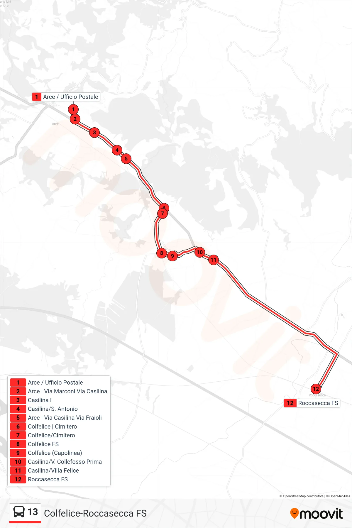 Linea 13 bus (Colfelice-Roccasecca FS) - Percorsi e fermate sulla mappa