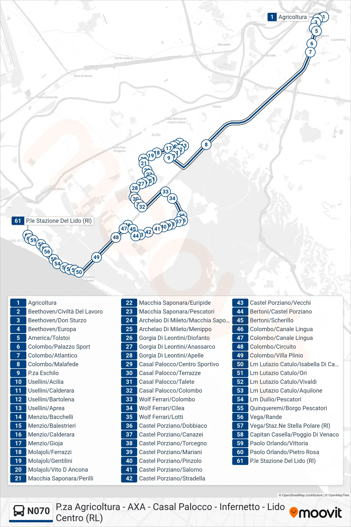 N070 bus Line (Lido Station Square) route and stops on a map