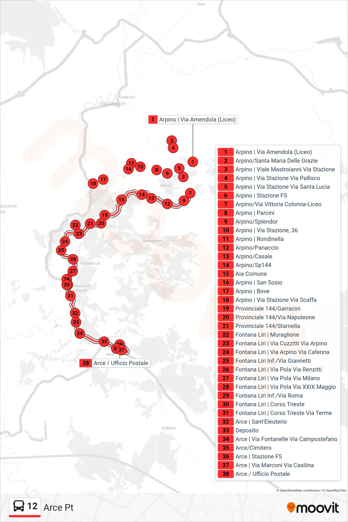 Linea 12 bus (Arce Pt) - Percorsi e fermate sulla mappa