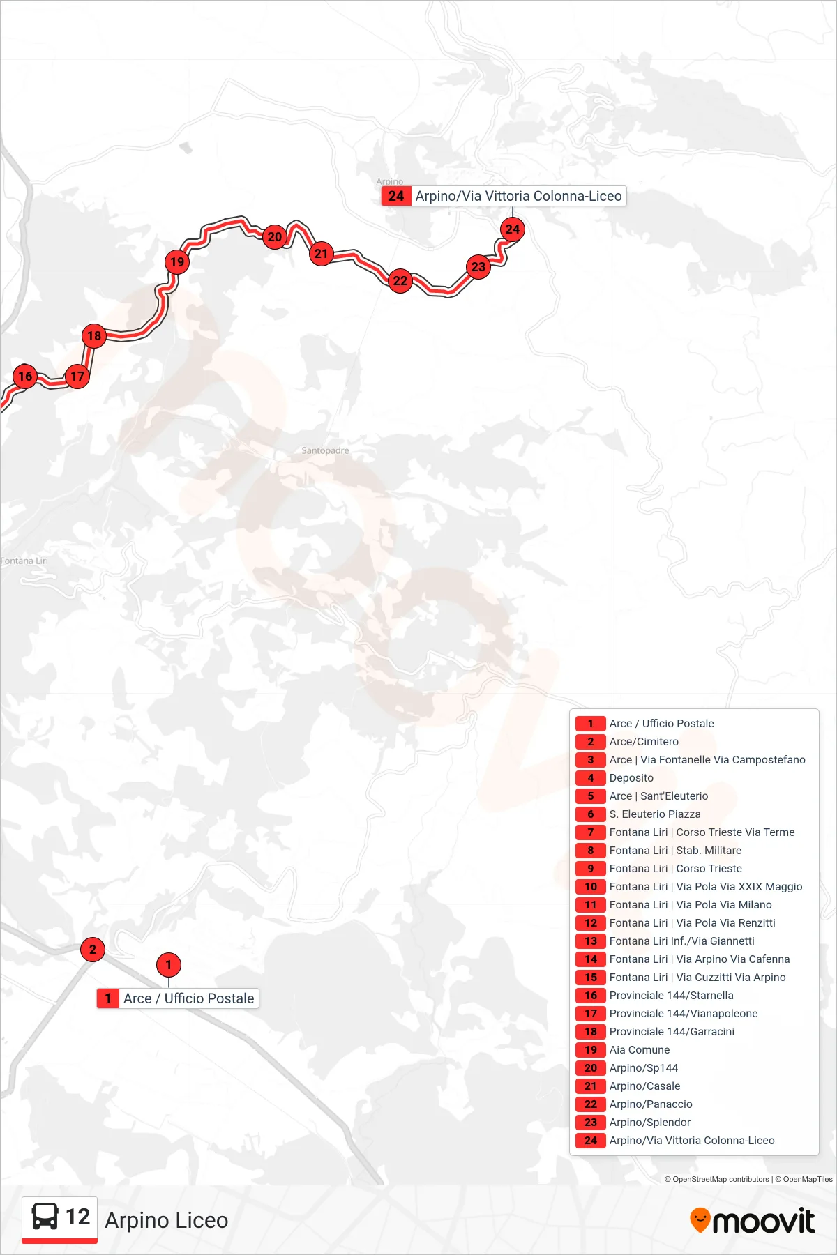 Linea 12 bus (Arpino Liceo) - Percorsi e fermate sulla mappa
