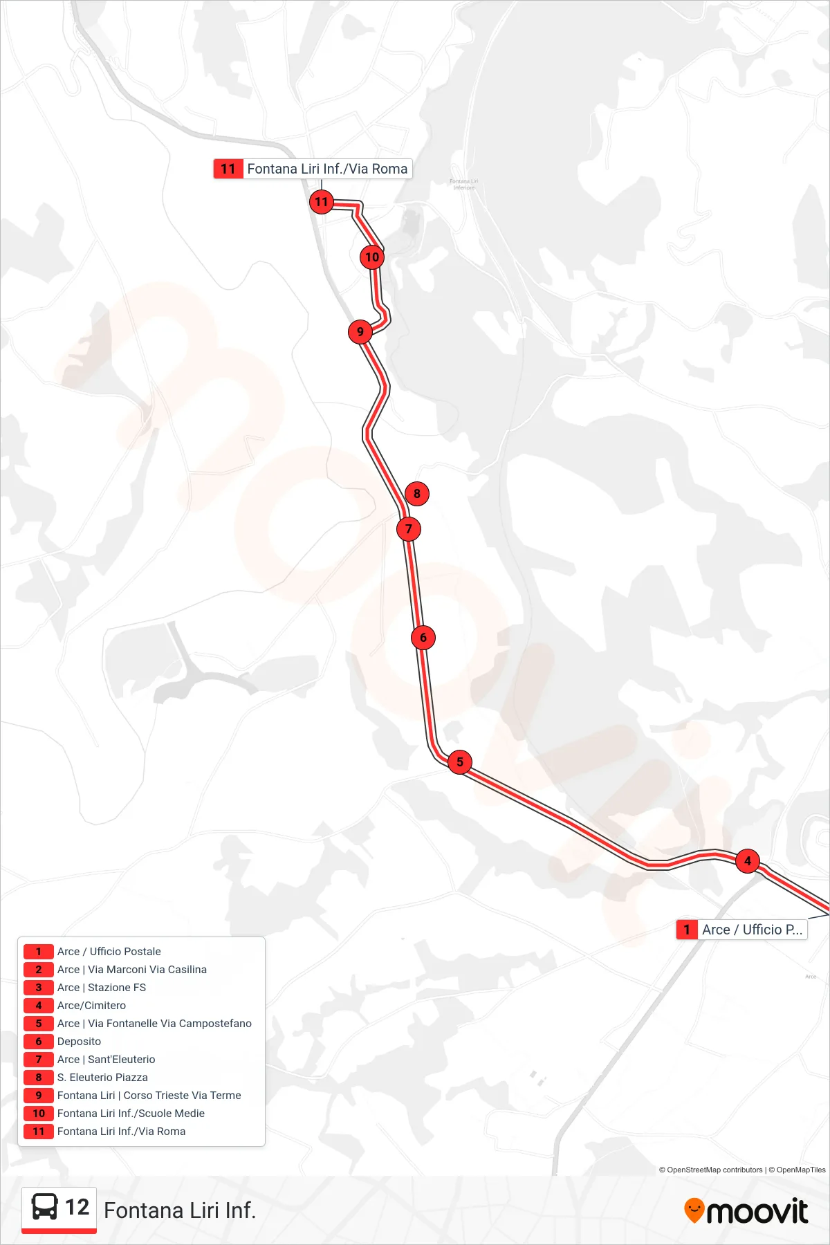 Linea 12 bus (Fontana Liri Inf.) - Percorsi e fermate sulla mappa