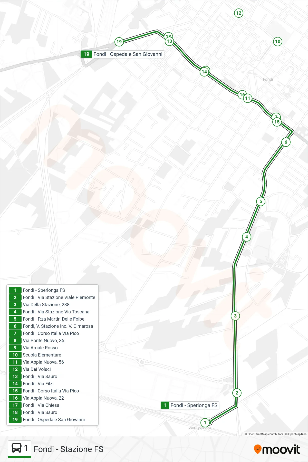 1 bus Line (Fondi - Via Roma) route and stops on a map