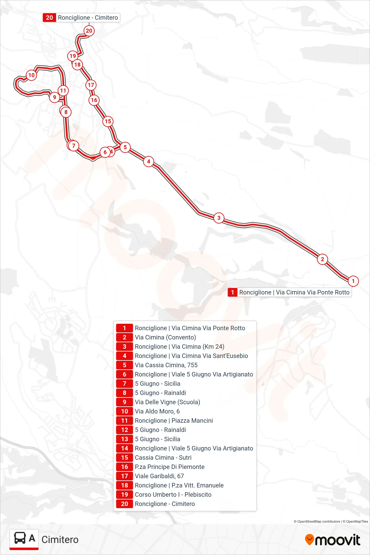A bus Line (Cemetery) route and stops on a map