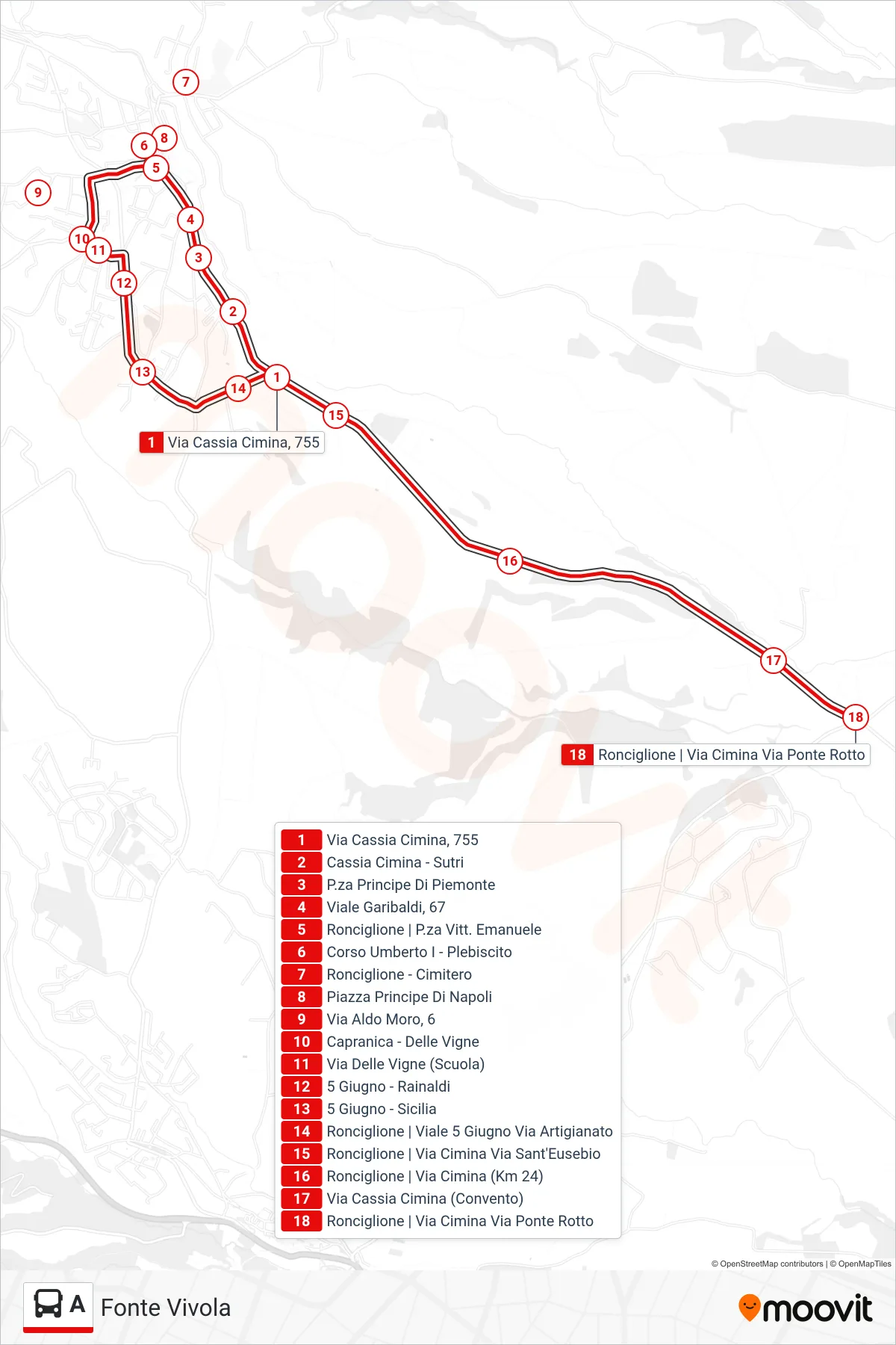 A bus Line (Fonte Vivola) route and stops on a map