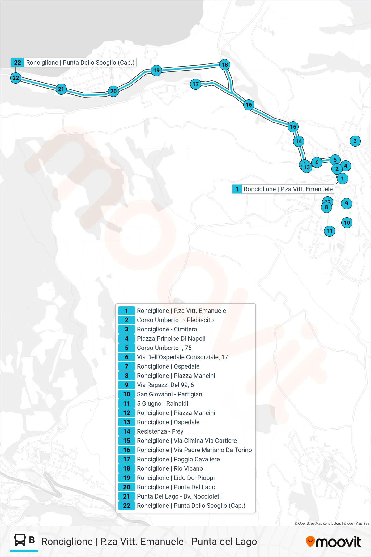 B bus Line (Punta Dello Scoglio) route and stops on a map