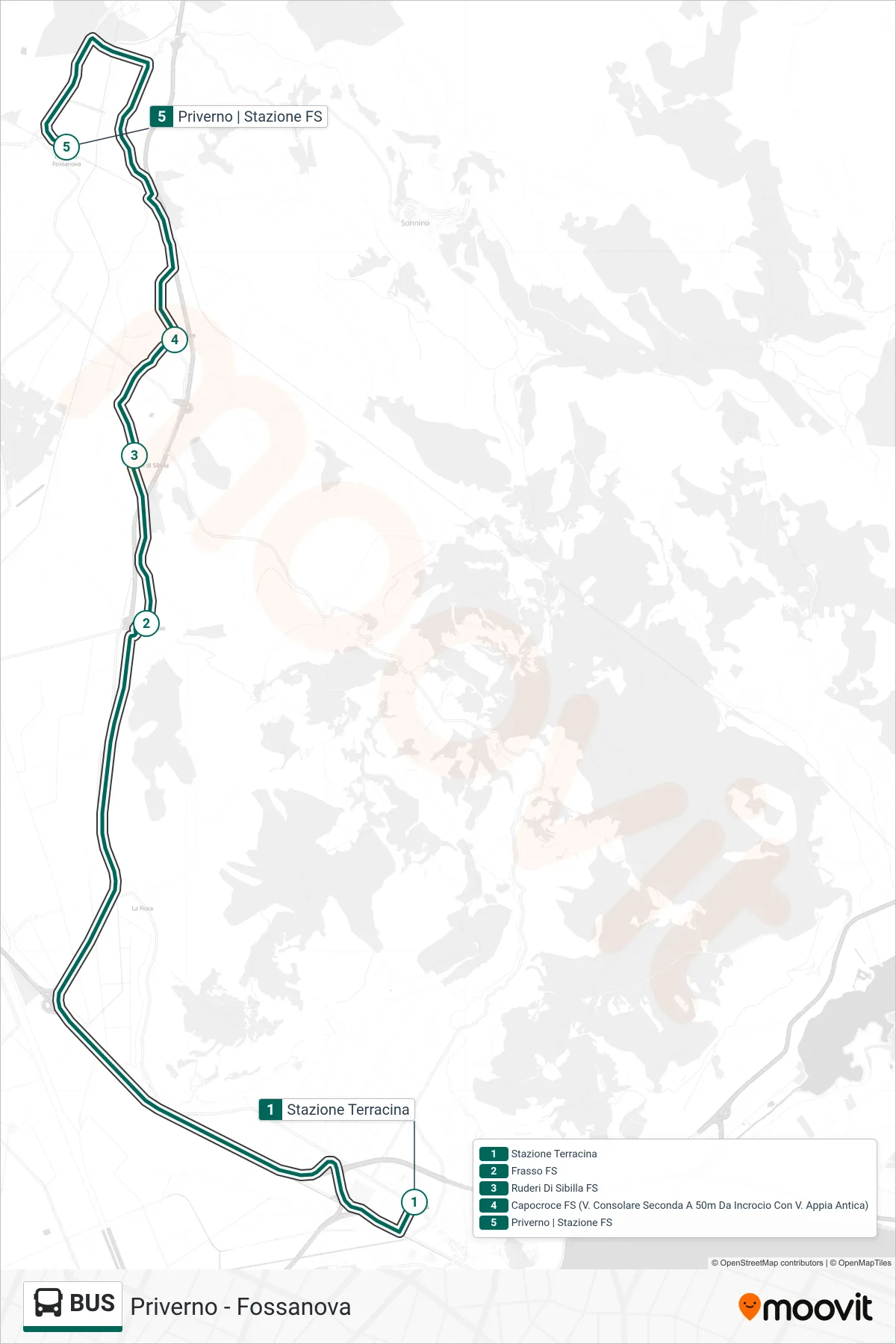 Bus bus Line (Priverno - Fossanova) route and stops on a map