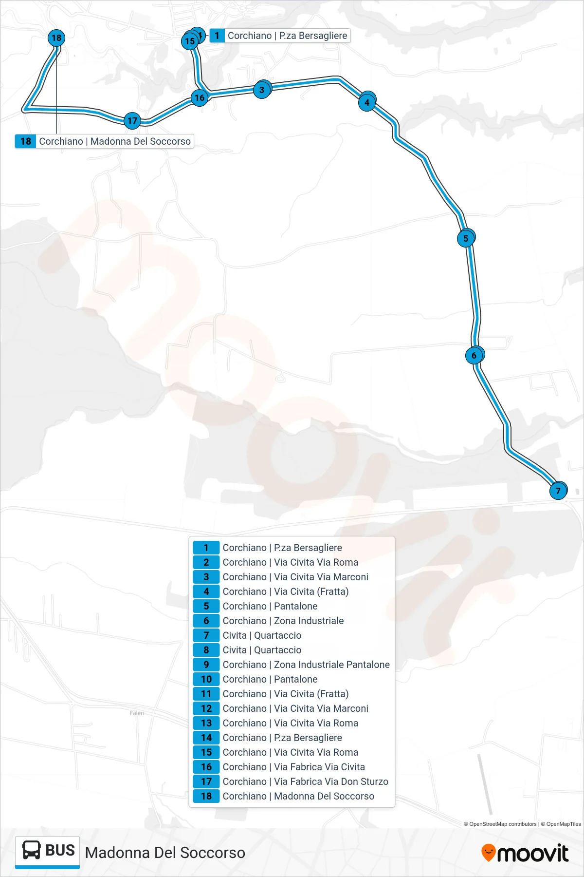 Bus bus Line (Madonna of Soccorso) route and stops on a map