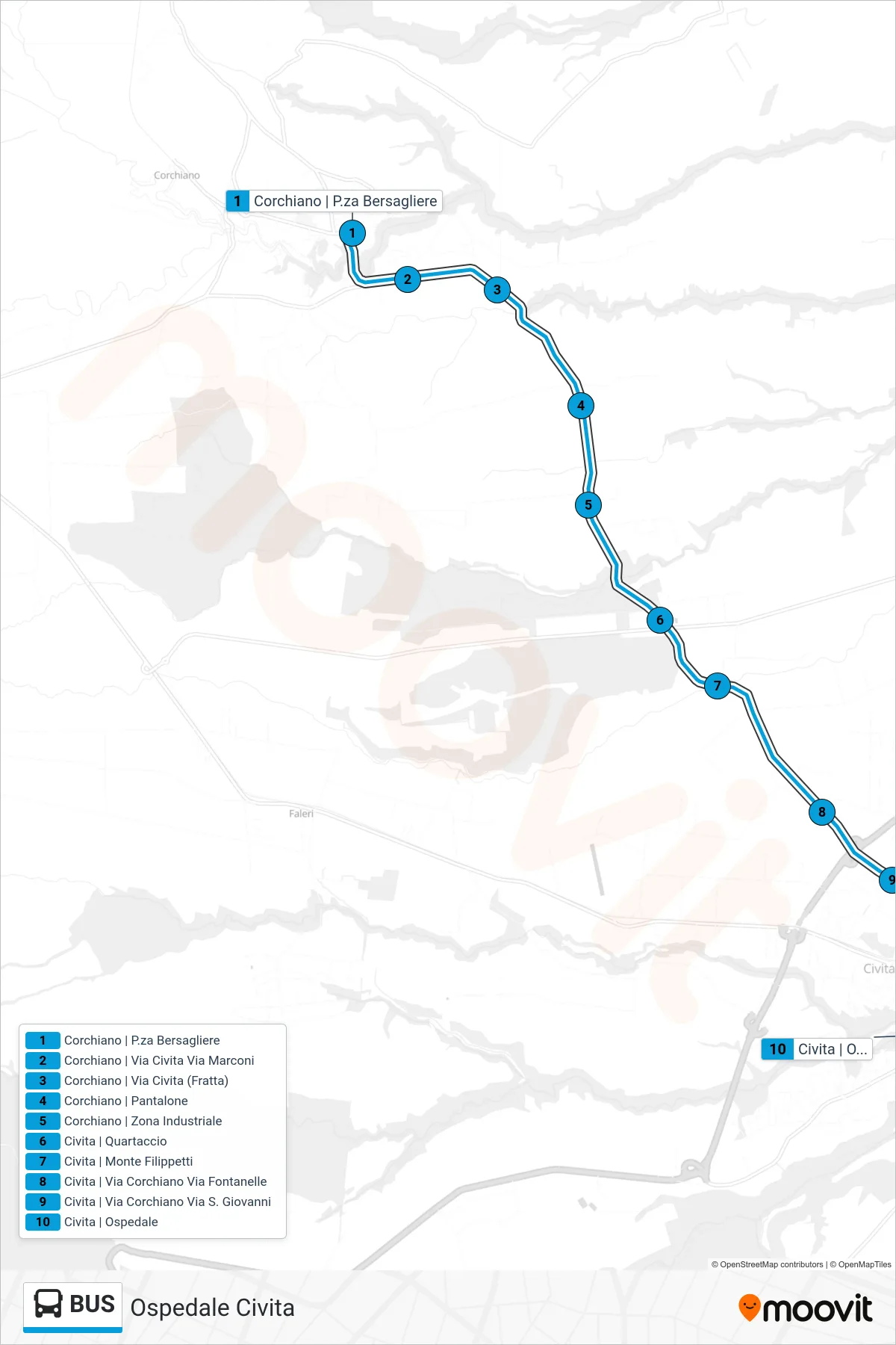Bus bus Line (Civita Hospital) route and stops on a map