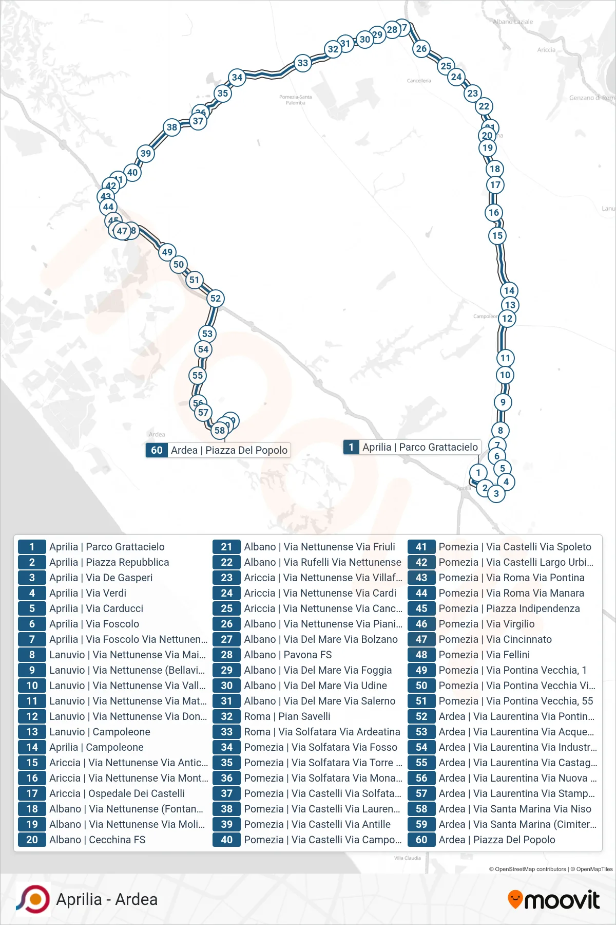 Linea COTRAL bus (Aprilia | Parco Grattacielo→Ardea | Piazza Del Popolo) - Percorsi e fermate sulla mappa