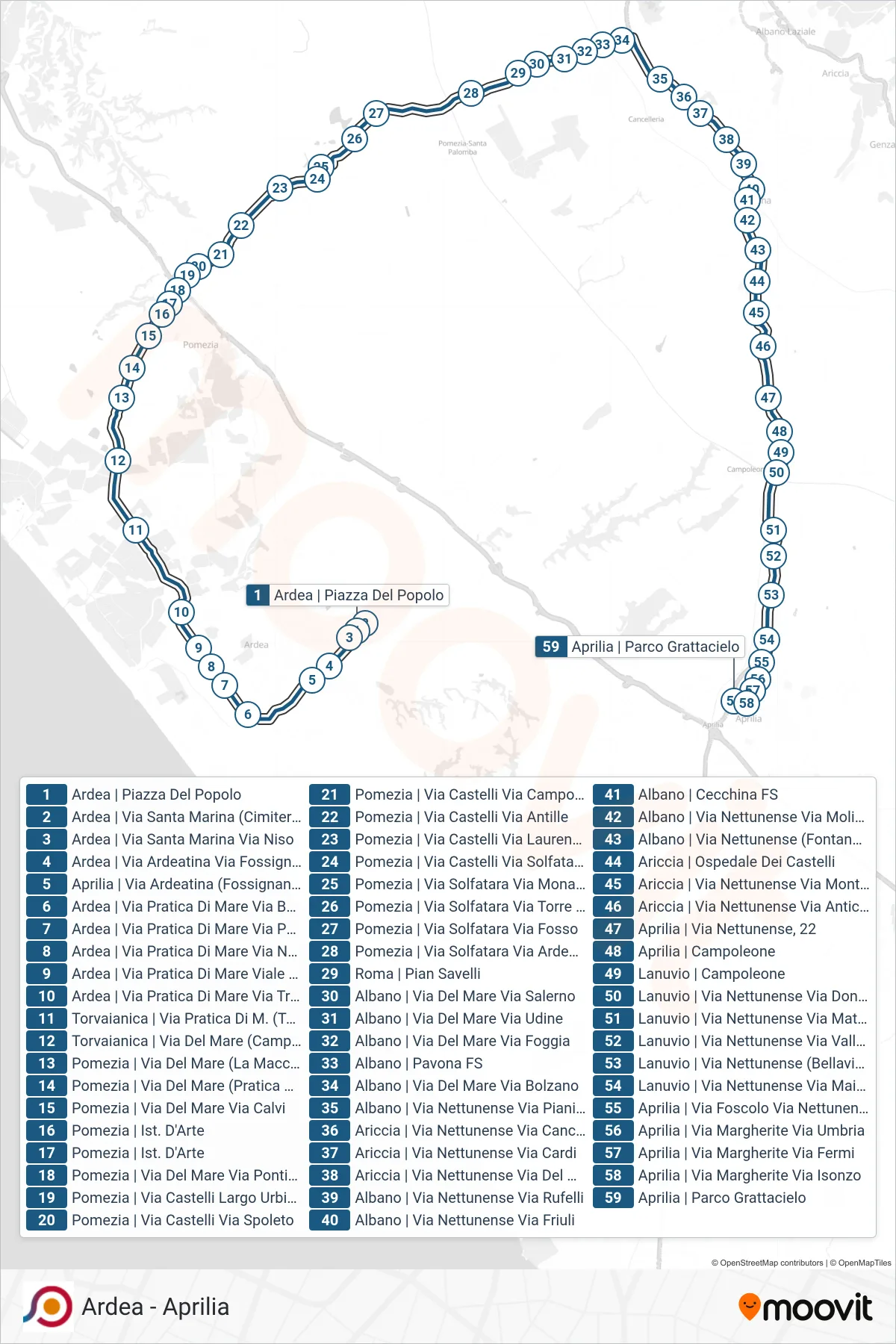 Linea COTRAL bus (Ardea | Piazza Del Popolo→Aprilia | Parco Grattacielo) - Percorsi e fermate sulla mappa