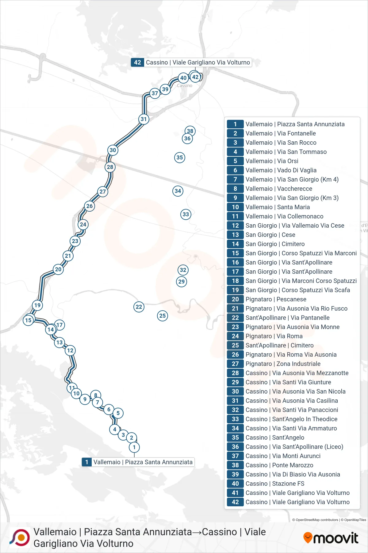 Linea COTRAL bus (Vallemaio | Piazza Santa Annunziata→Cassino | Viale Garigliano Via Volturno) - Percorsi e fermate sulla mappa