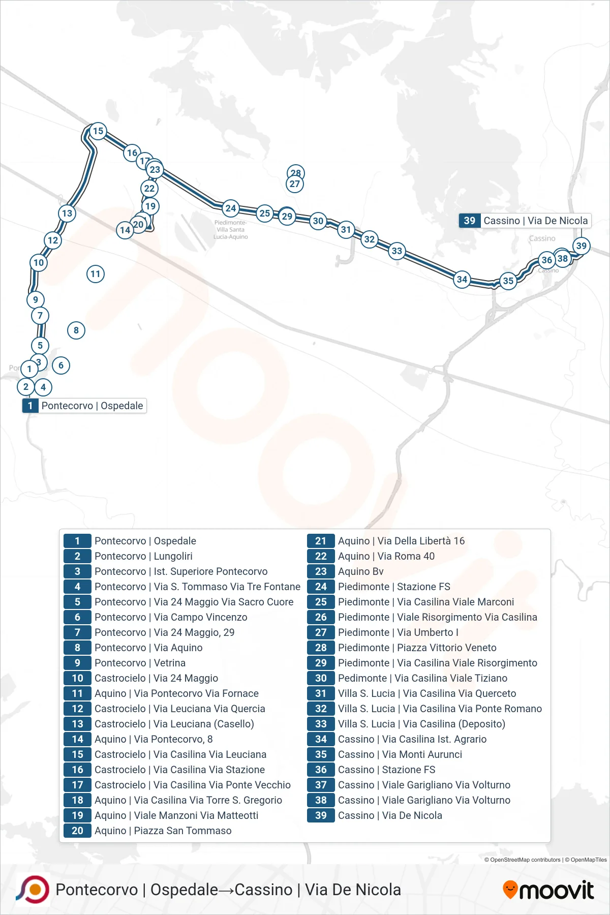 Linea COTRAL bus (Pontecorvo | Ospedale→Cassino | Via De Nicola) - Percorsi e fermate sulla mappa