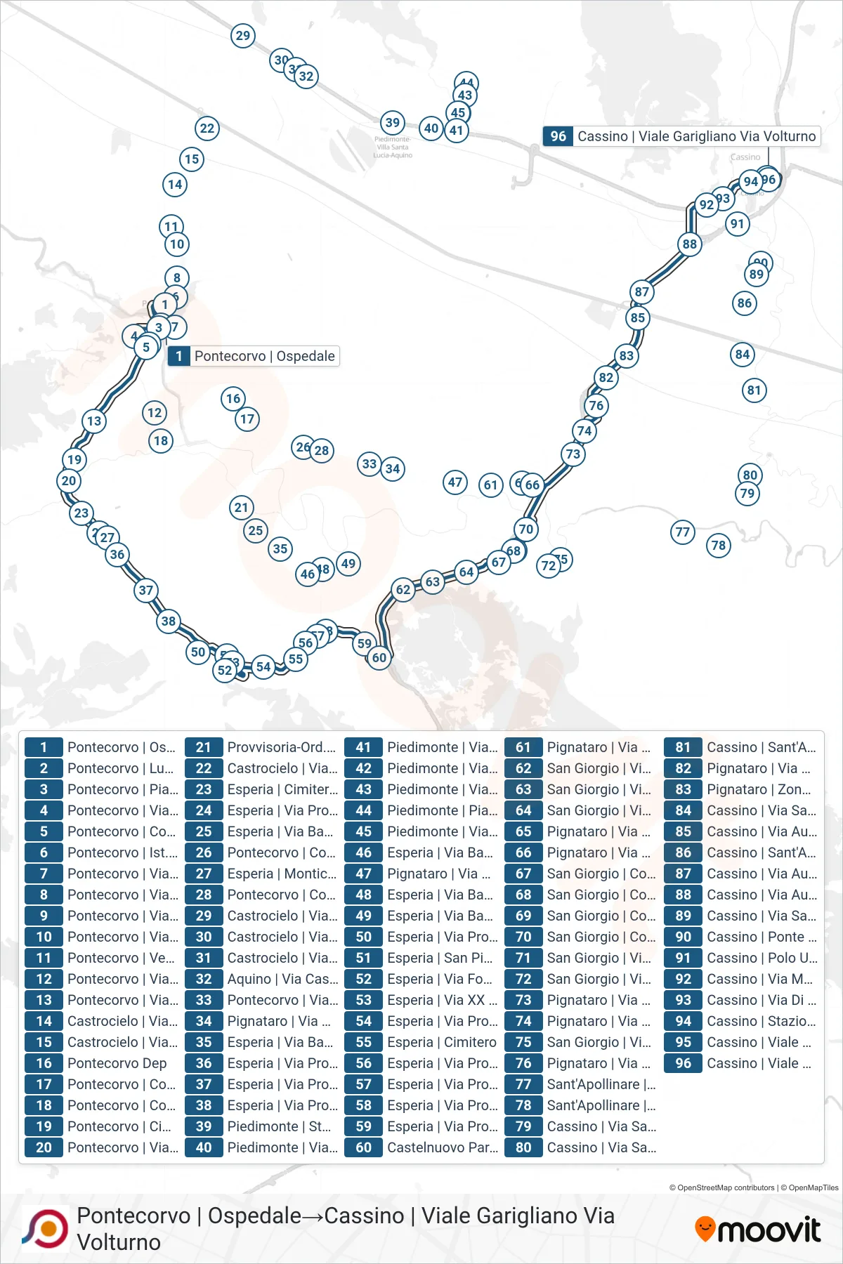 Linea COTRAL bus (Pontecorvo | Ospedale→Cassino | Viale Garigliano Via Volturno) - Percorsi e fermate sulla mappa