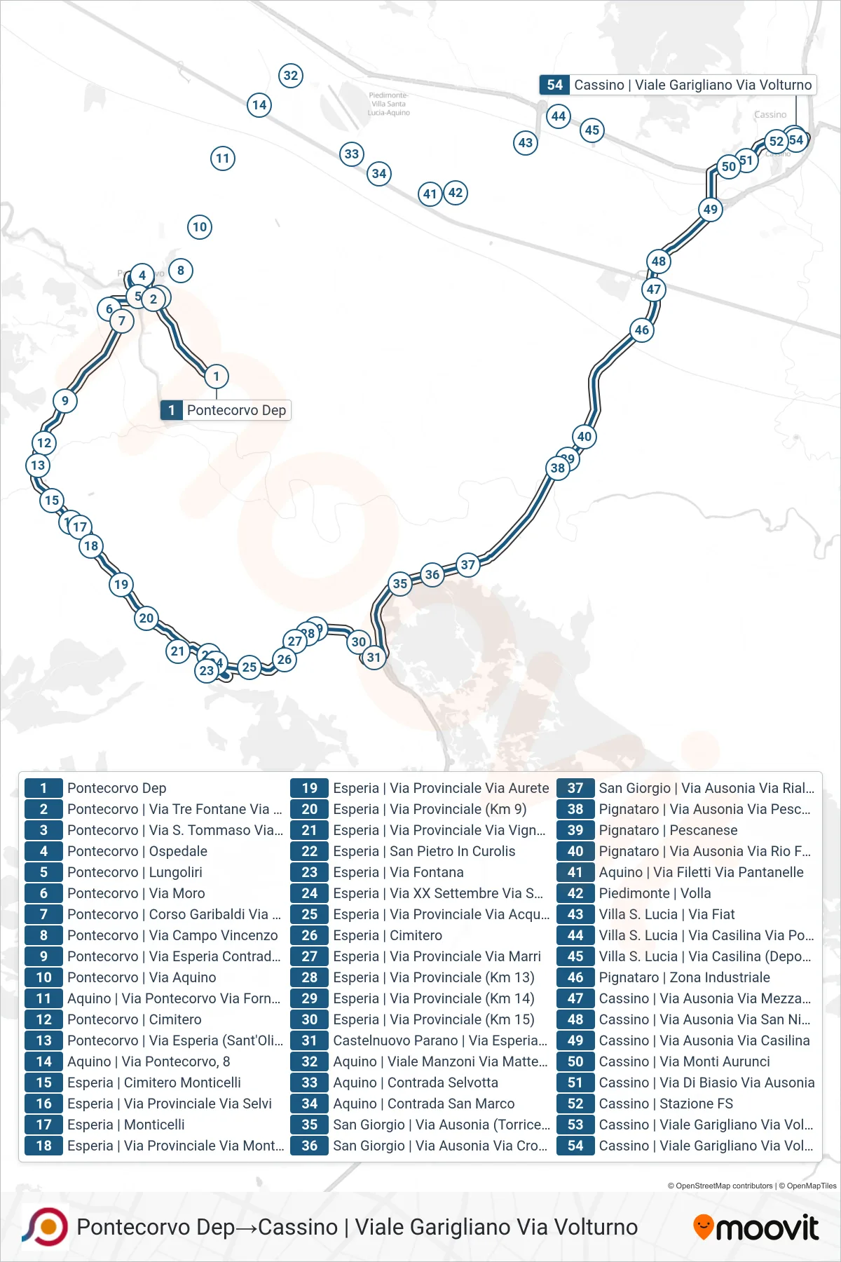 Linea COTRAL bus (Pontecorvo Dep→Cassino | Viale Garigliano Via Volturno) - Percorsi e fermate sulla mappa
