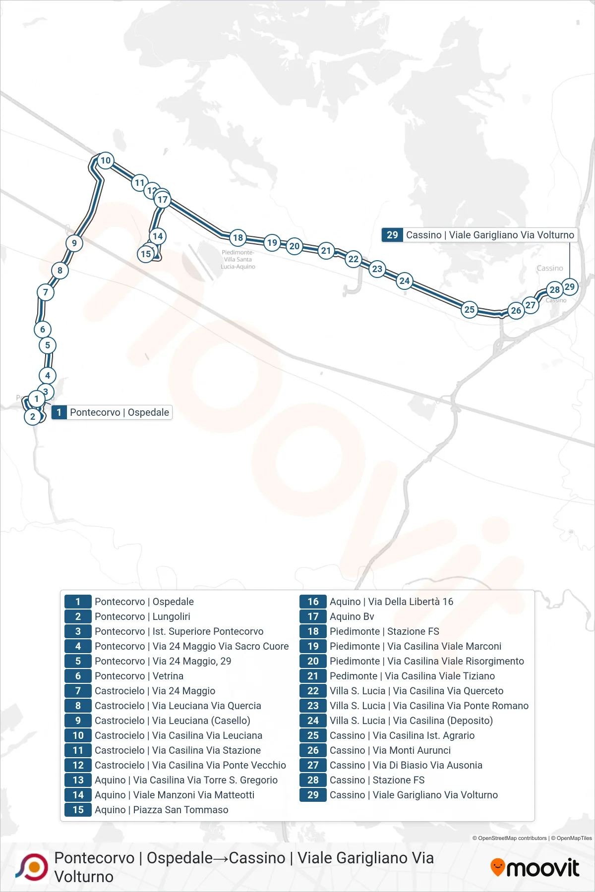 Linea COTRAL bus (Pontecorvo | Ospedale→Cassino | Viale Garigliano Via Volturno) - Percorsi e fermate sulla mappa