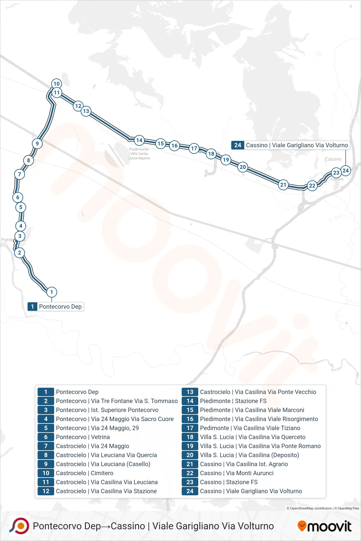 Linea COTRAL bus (Pontecorvo Dep→Cassino | Viale Garigliano Via Volturno) - Percorsi e fermate sulla mappa