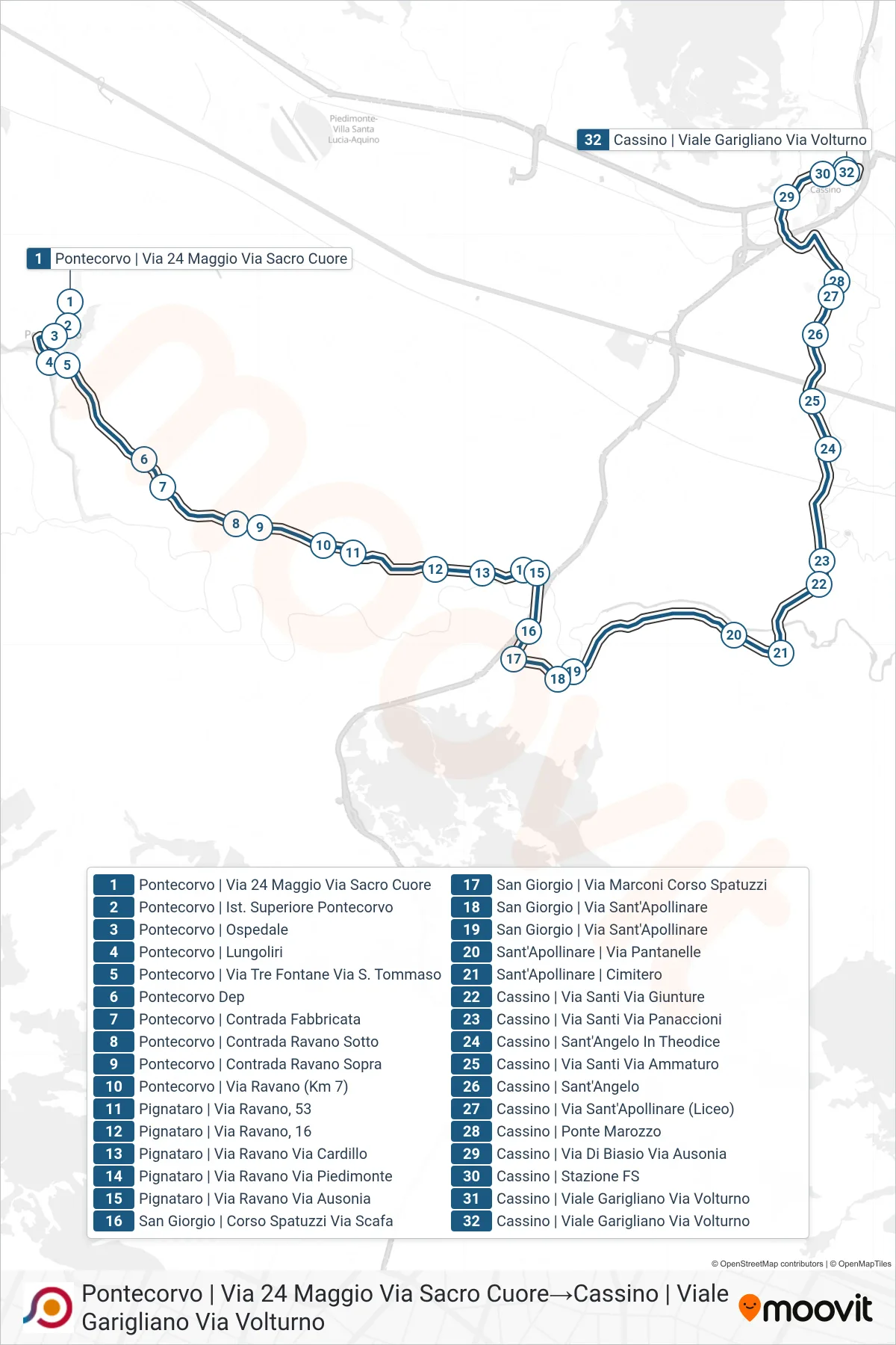 Linea COTRAL bus (Pontecorvo | Via 24 Maggio Via Sacro Cuore→Cassino | Viale Garigliano Via Volturno) - Percorsi e fermate sulla mappa