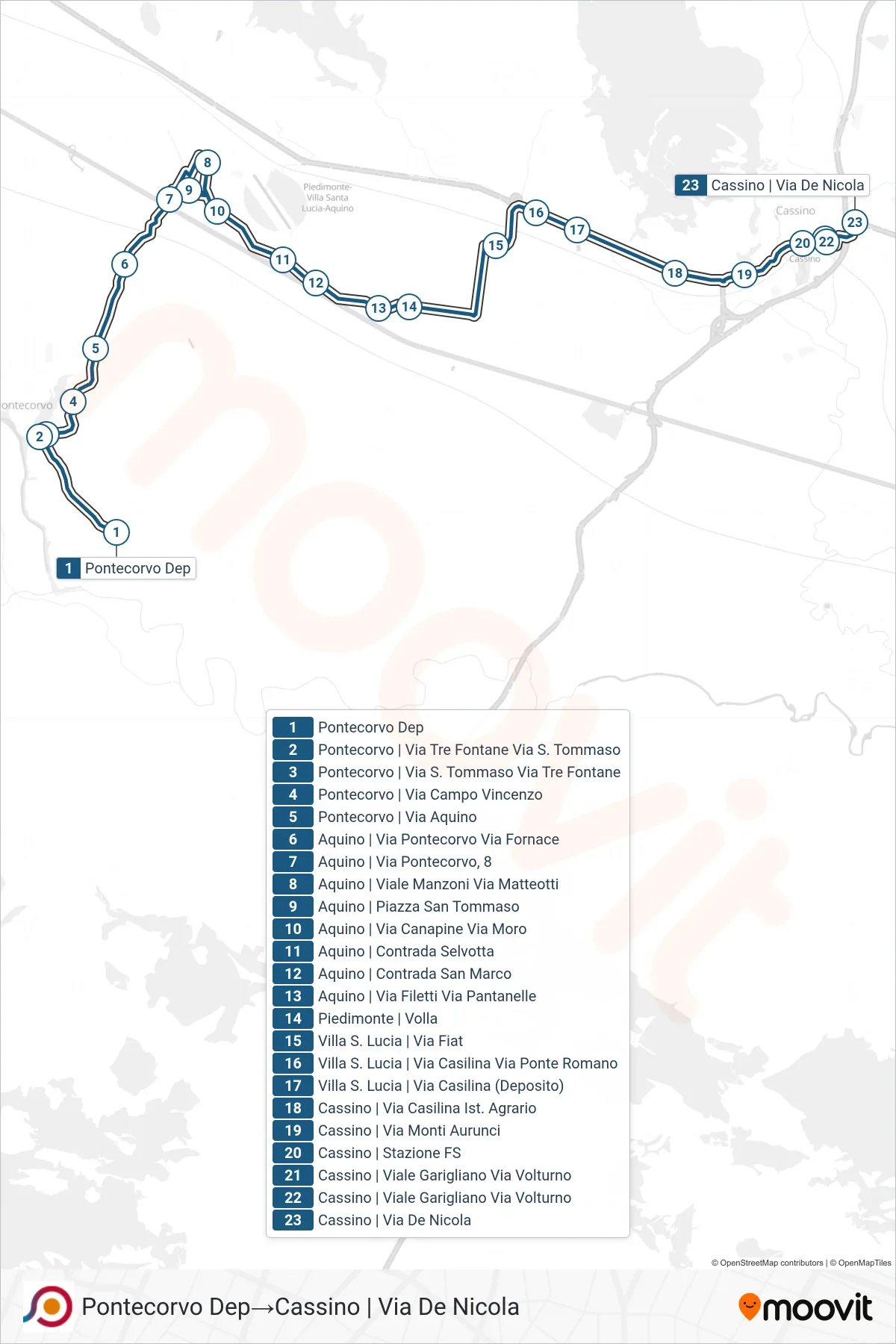 Linea COTRAL bus (Pontecorvo Dep→Cassino | Via De Nicola) - Percorsi e fermate sulla mappa