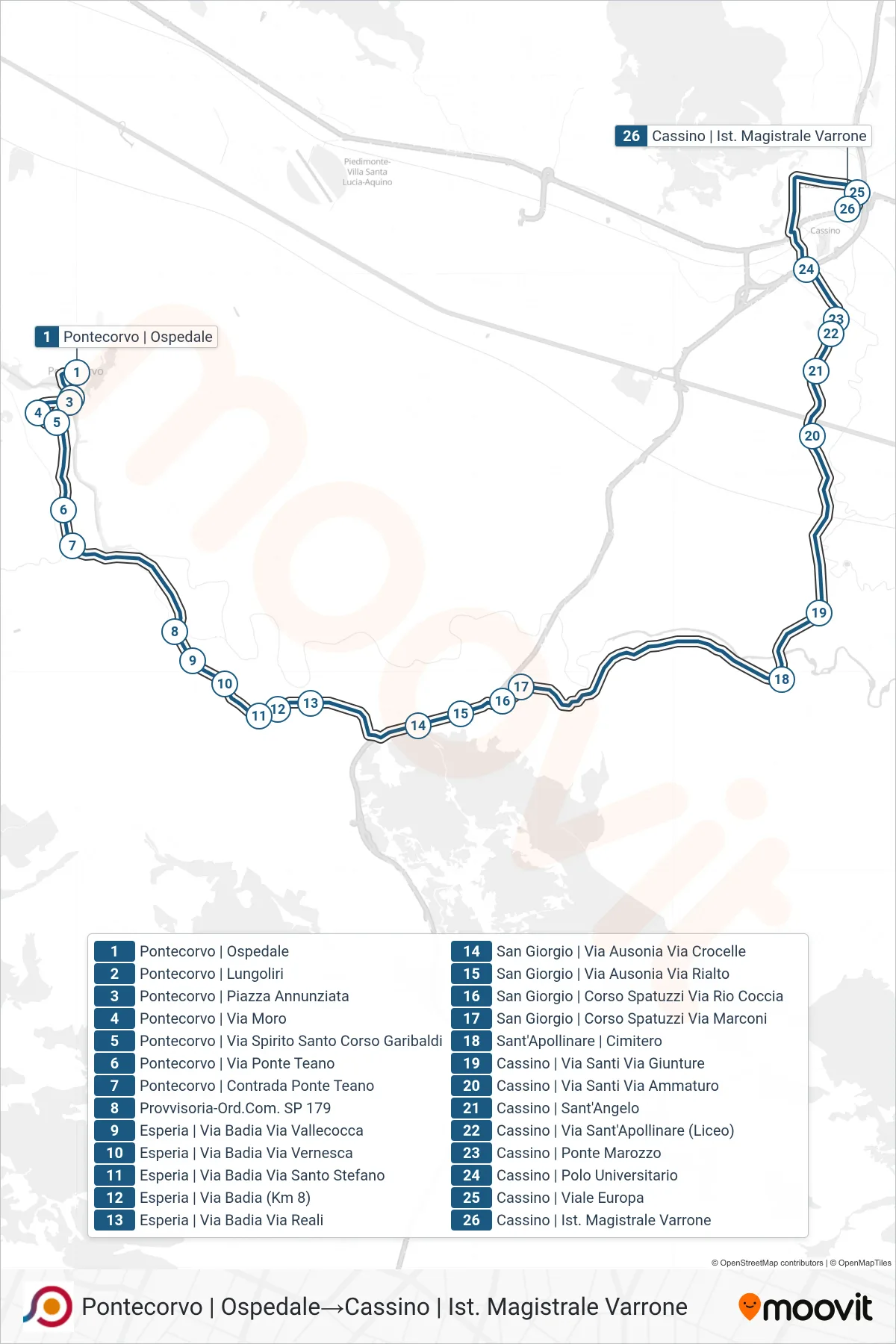 Linea COTRAL bus (Pontecorvo | Ospedale→Cassino | Ist. Magistrale Varrone) - Percorsi e fermate sulla mappa