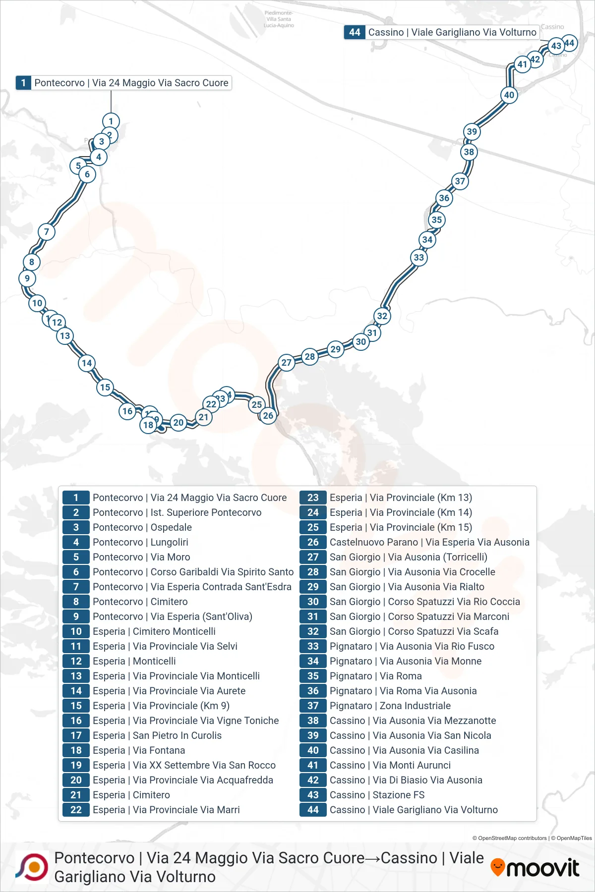 Linea COTRAL bus (Pontecorvo | Via 24 Maggio Via Sacro Cuore→Cassino | Viale Garigliano Via Volturno) - Percorsi e fermate sulla mappa