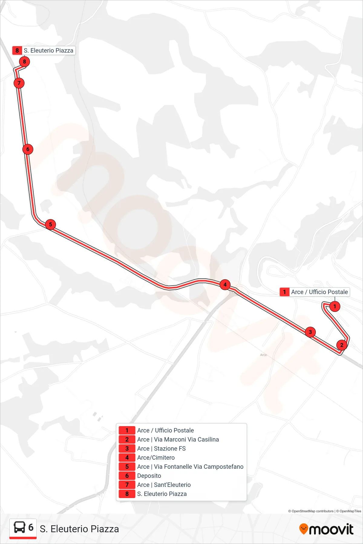 6 bus Line (St. Eleuterio Square) route and stops on a map