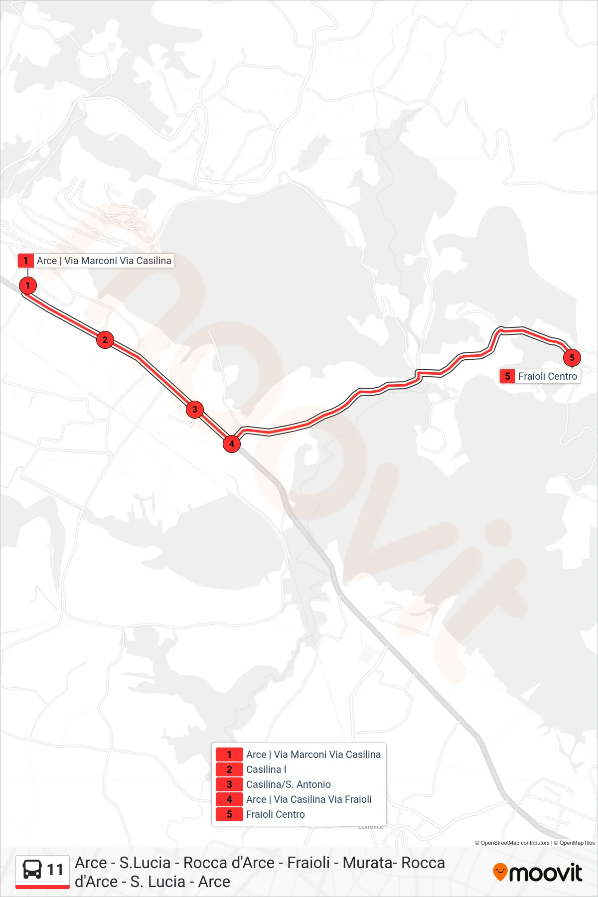 11 bus Line (Fraioli) route and stops on a map