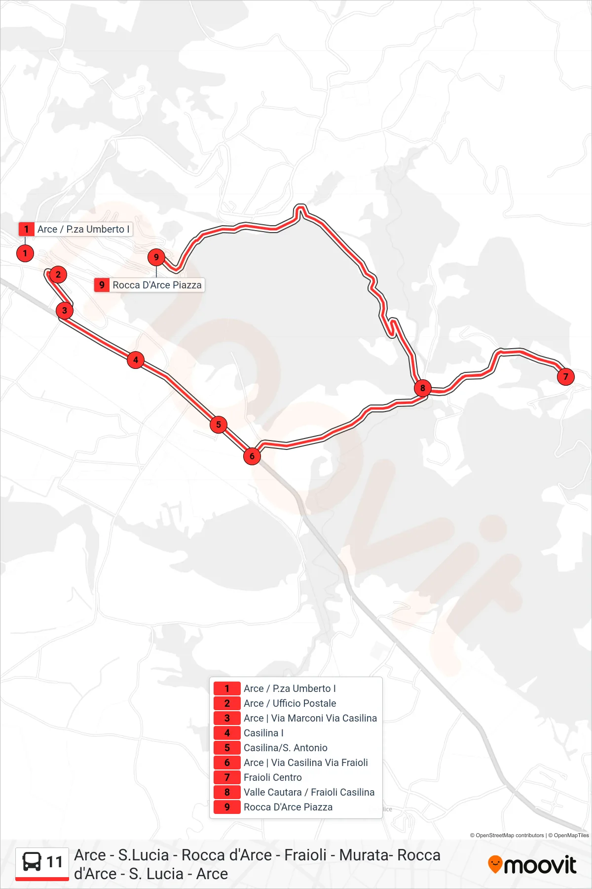 11 bus Line (Rocca D'Arce - Square) route and stops on a map