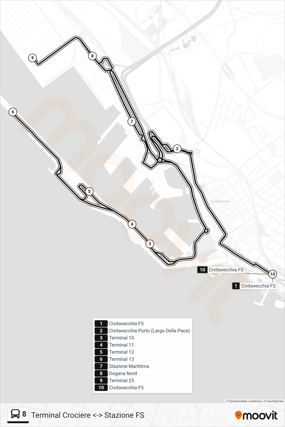 Linea 8 bus (Terminal Crociere <-> Stazione FS) - Percorsi e fermate sulla mappa