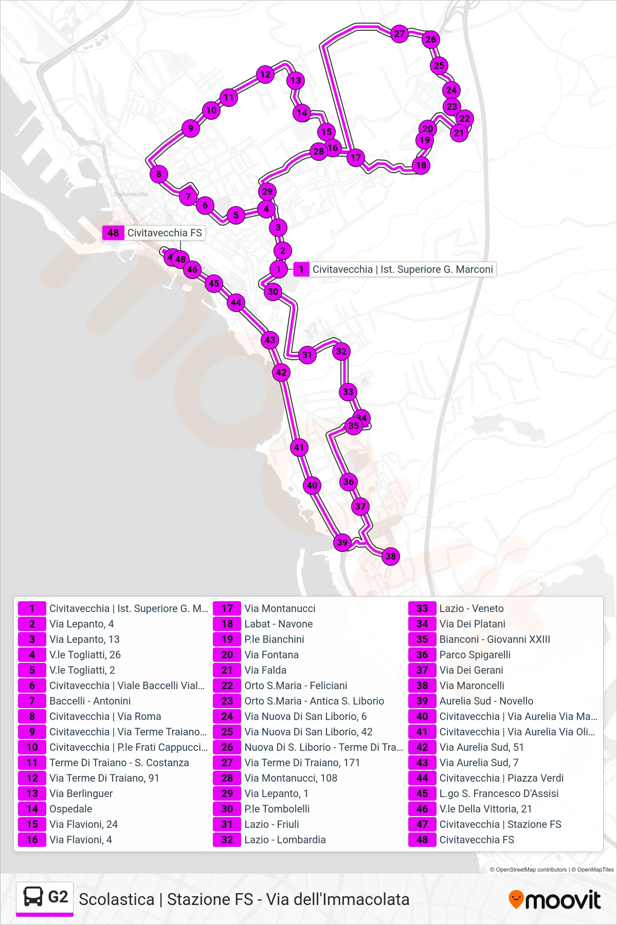 Linea G2 bus (Civitavecchia FS) - Percorsi e fermate sulla mappa