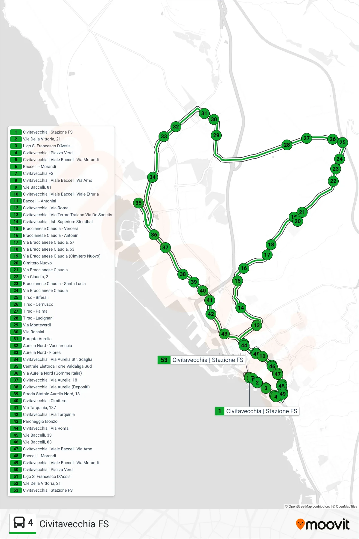 Linea 4  bus (Civitavecchia FS) - Percorsi e fermate sulla mappa