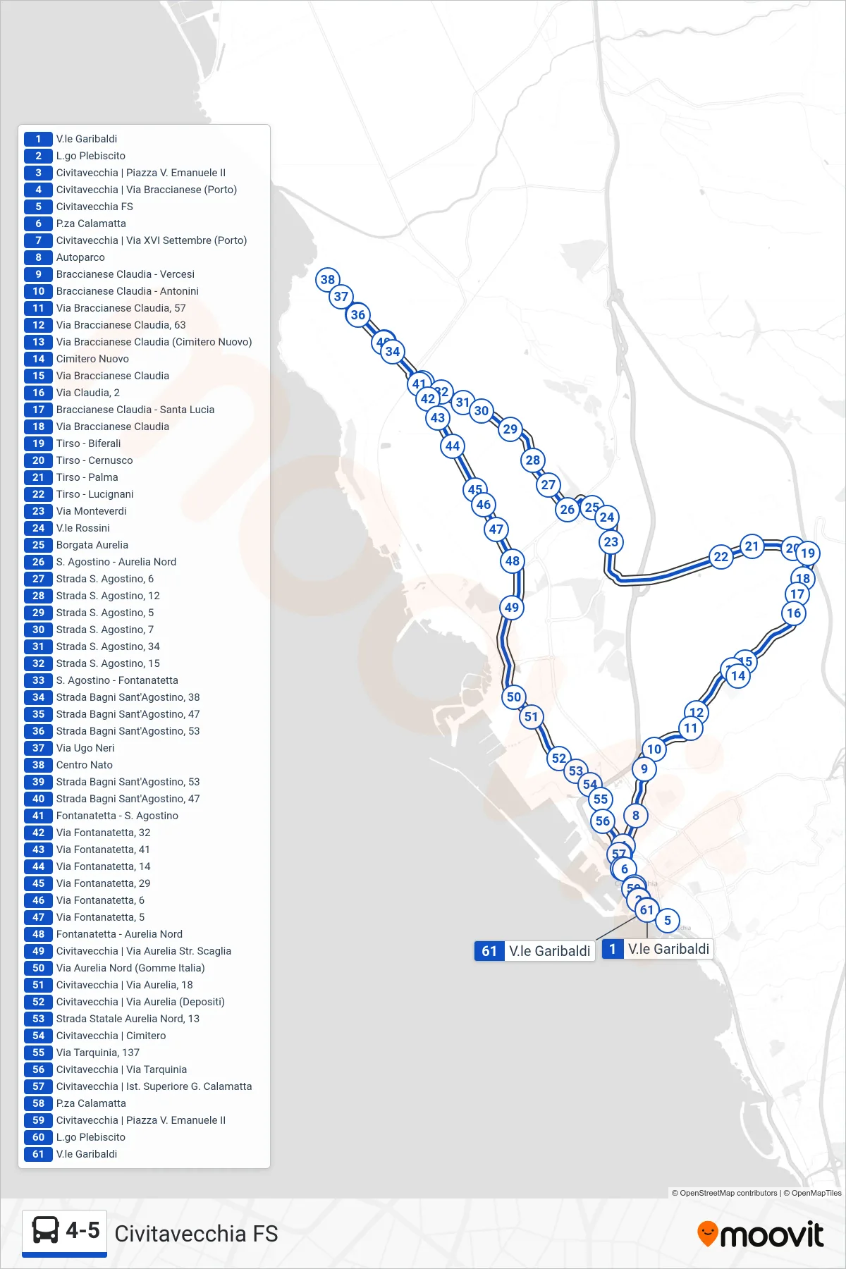 Linea 4-5 bus (Civitavecchia FS) - Percorsi e fermate sulla mappa