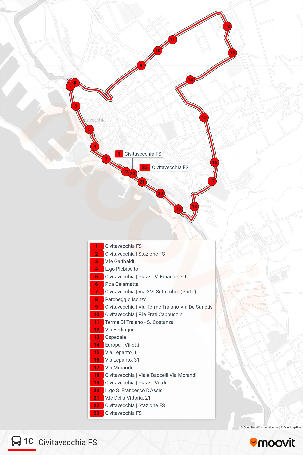 Linea 1C bus (Civitavecchia FS) - Percorsi e fermate sulla mappa