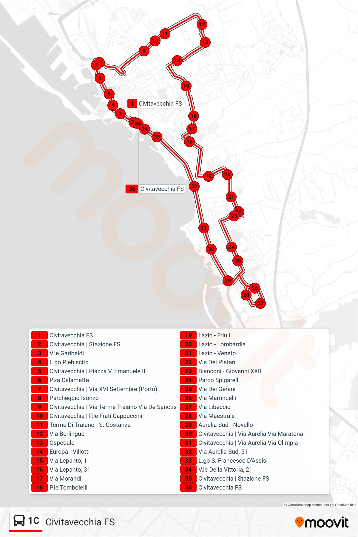 Linea 1C bus (Civitavecchia FS) - Percorsi e fermate sulla mappa