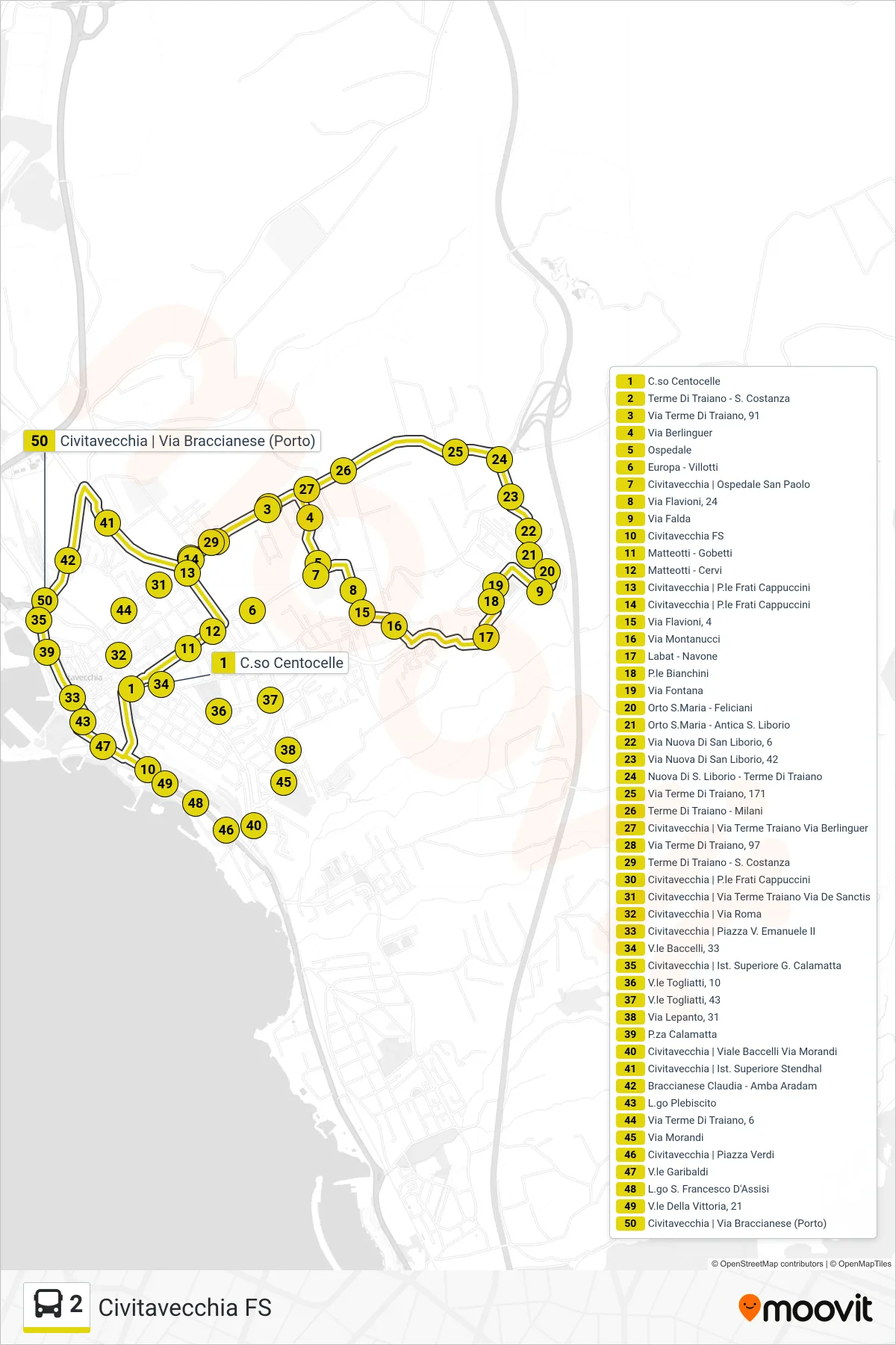 Linea 2 bus (Civitavecchia FS) - Percorsi e fermate sulla mappa
