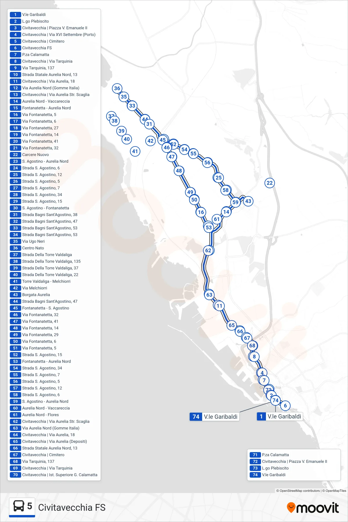 Linea 5 bus (Civitavecchia FS) - Percorsi e fermate sulla mappa