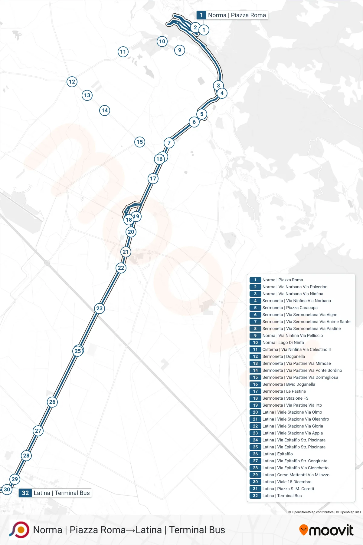 Linea COTRAL bus (Norma | Piazza Roma→Latina | Terminal Bus) - Percorsi e fermate sulla mappa
