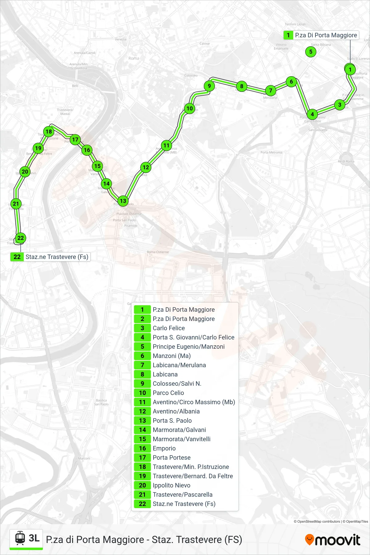 Linea 3L tram (Staz.ne Trastevere (Fs)) - Percorsi e fermate sulla mappa