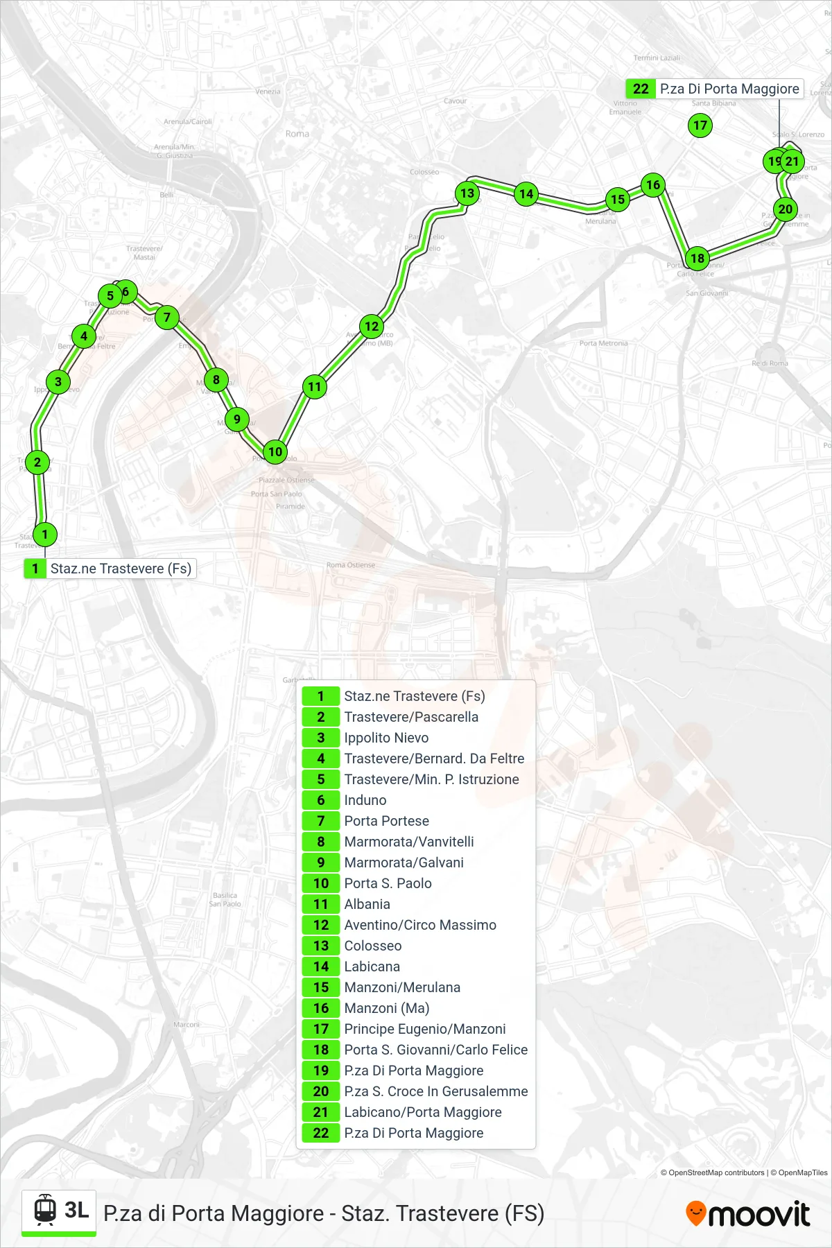 Linea 3L tram (P.za Di Porta Maggiore) - Percorsi e fermate sulla mappa