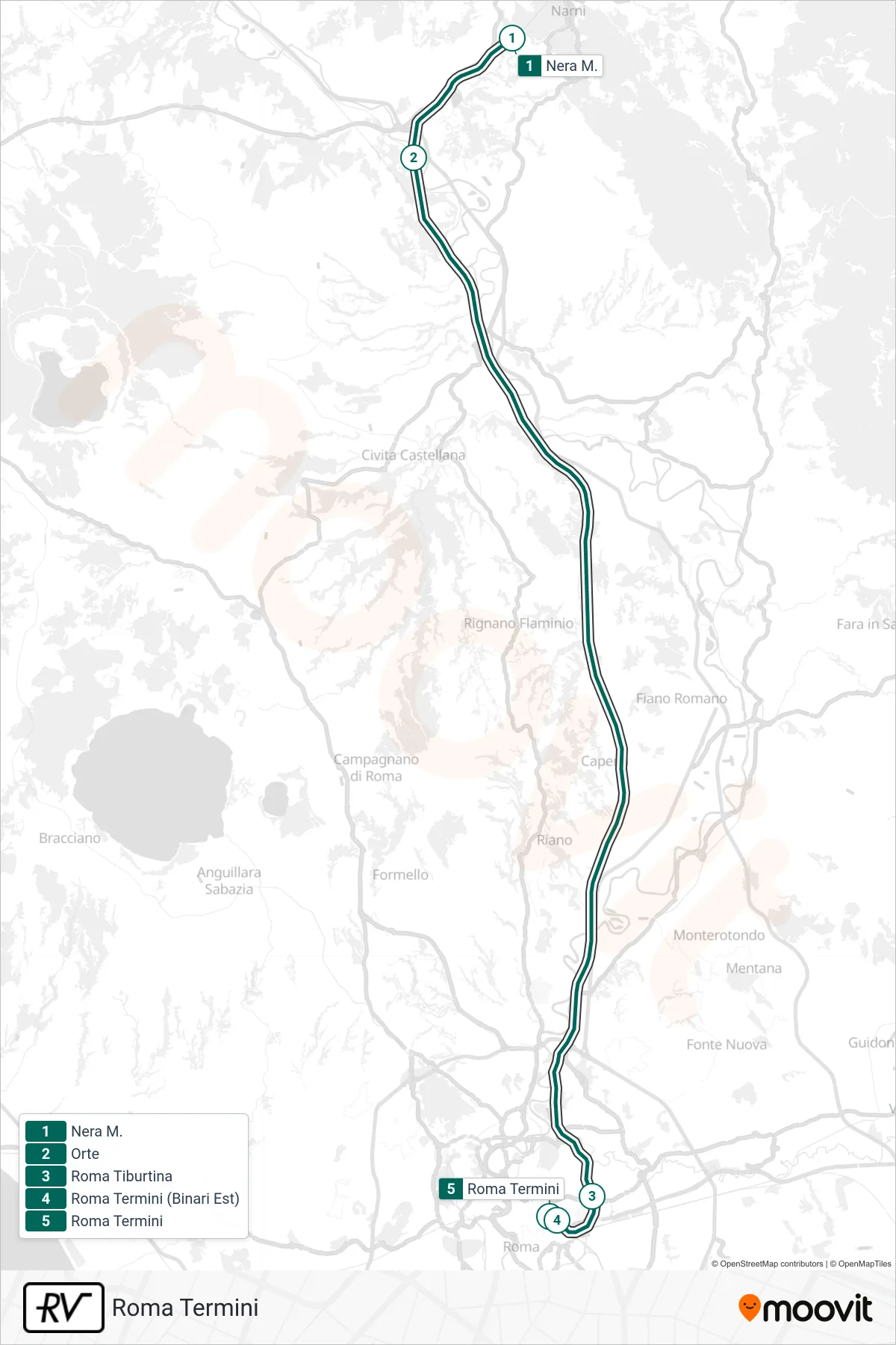 Linea RV treno (Roma Termini) - Percorsi e fermate sulla mappa