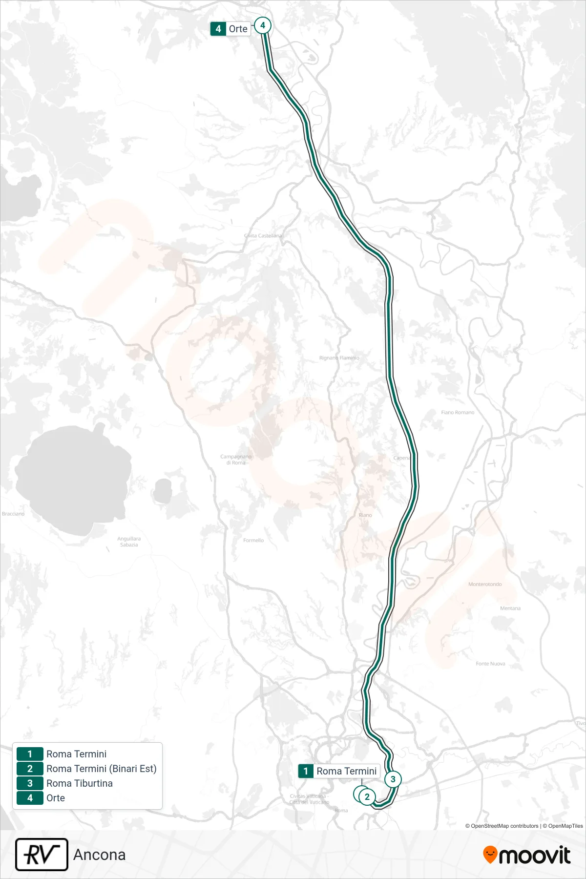 Linea RV  treno (Ancona) - Percorsi e fermate sulla mappa