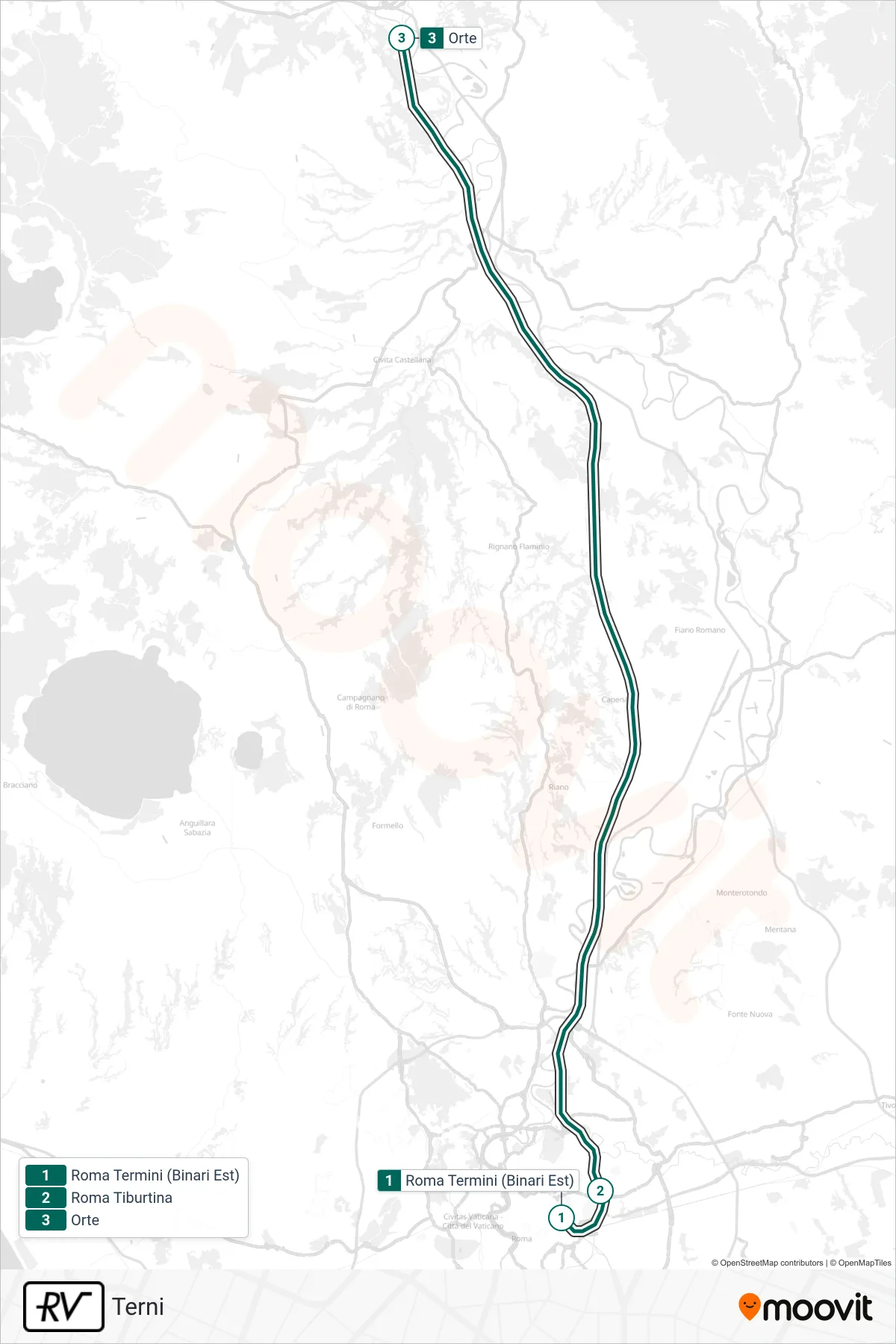 Linea RV  treno (Terni) - Percorsi e fermate sulla mappa
