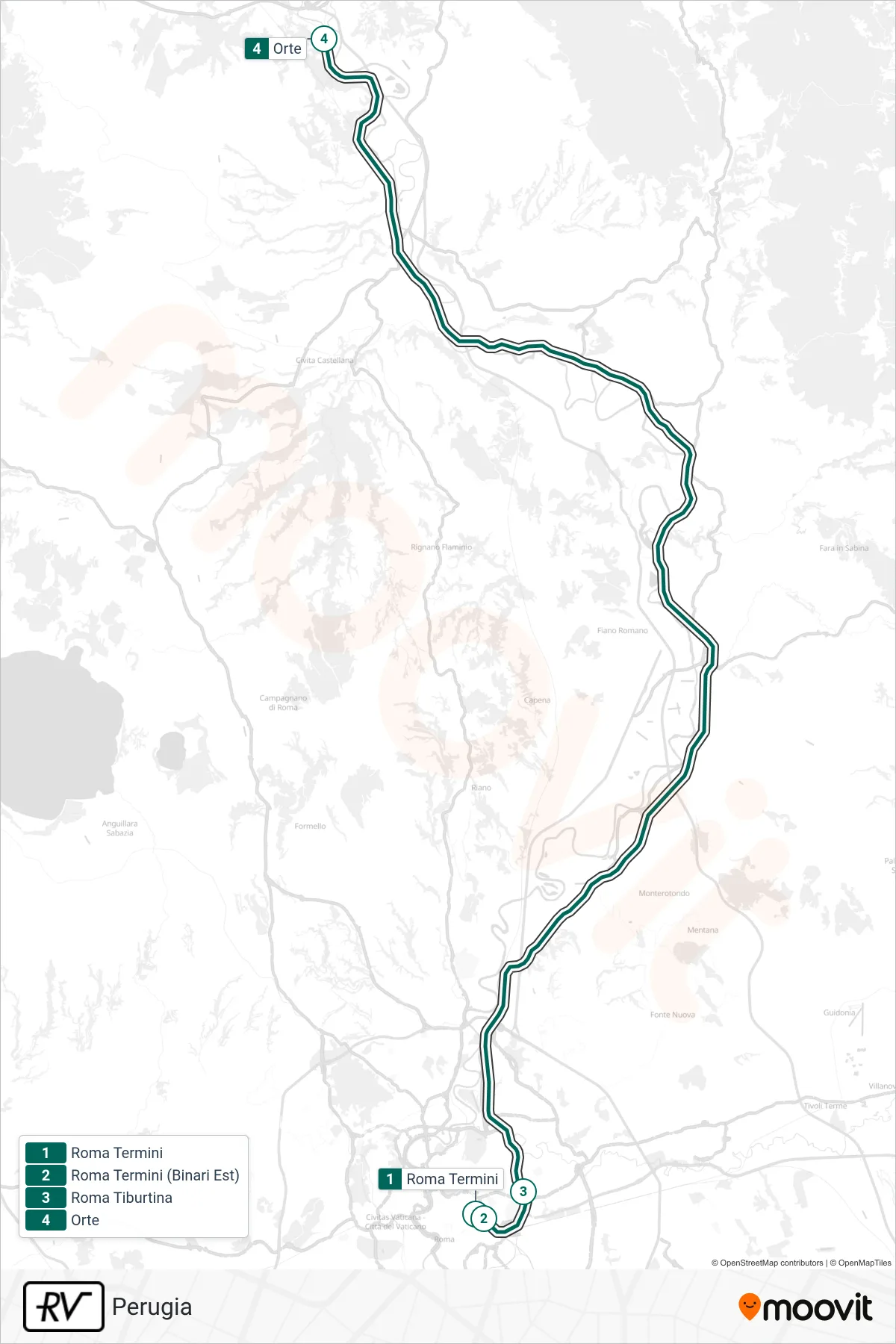 Linea RV treno (Perugia) - Percorsi e fermate sulla mappa