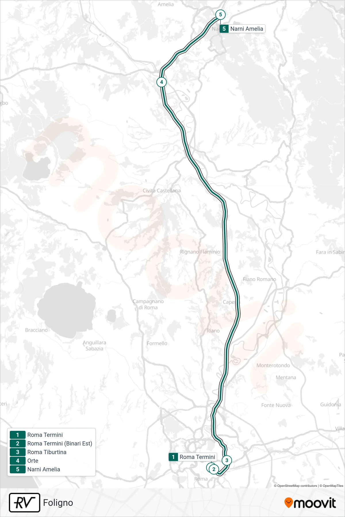 RV train Line (Foligno) route and stops on a map