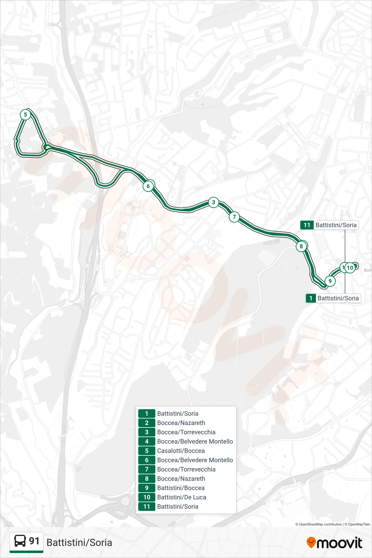 Linea 91 bus (Battistini/Soria) - Percorsi e fermate sulla mappa